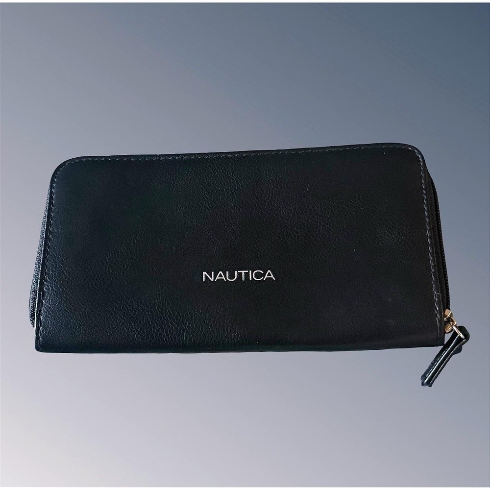 Nautica Womens Black Vegan Leather RFID Zip Around Clutch Wallet Organizer Logo